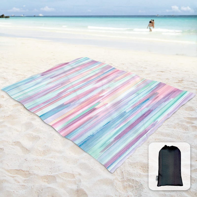 Sunlit Silky Soft 106"x81" Sand Proof Beach Blanket Sand Proof Mat with Corner Pocket and Mesh Bag for Beach Party, Travel, Camping and Outdoor Music Festival, Watercolor Painting Macaron Blue - Image 1
